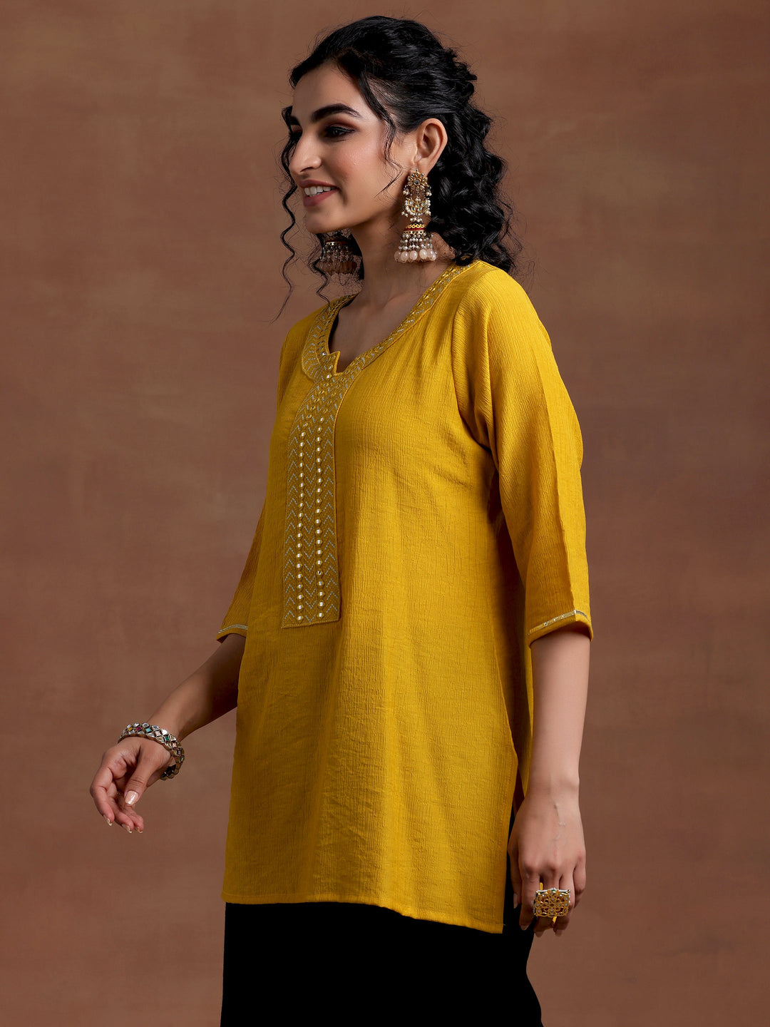 Mustard Self Design Cotton Blend Kurti