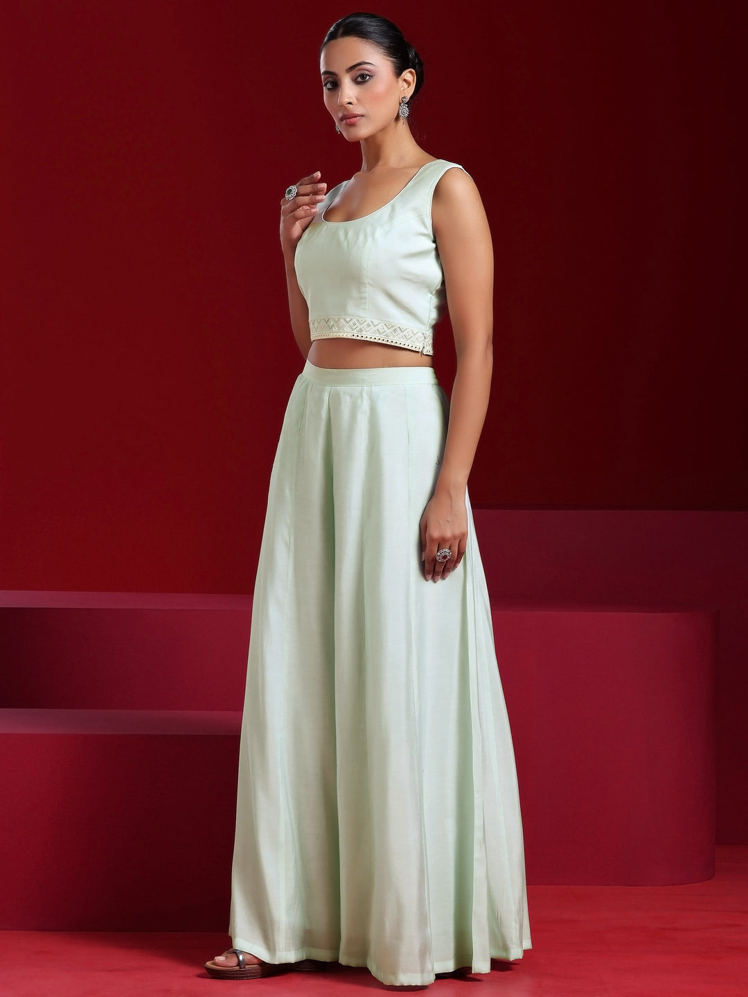 Libas Art Sea Green Solid Silk Blend 3 Piece Co-Ords