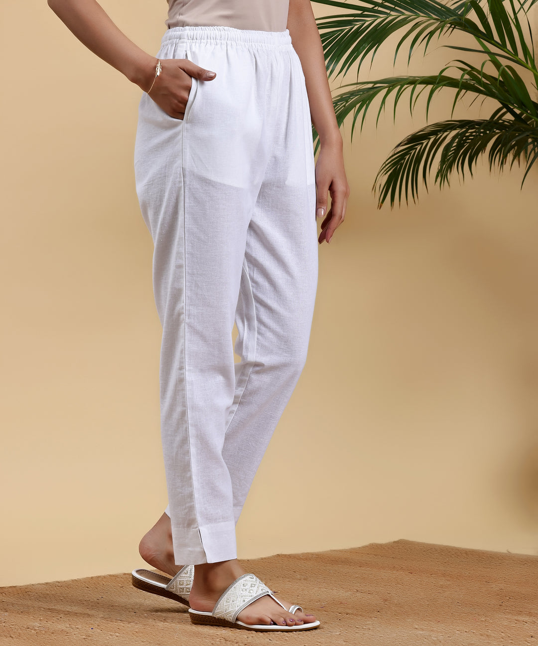 White Solid Cotton Straight Fit Trousers