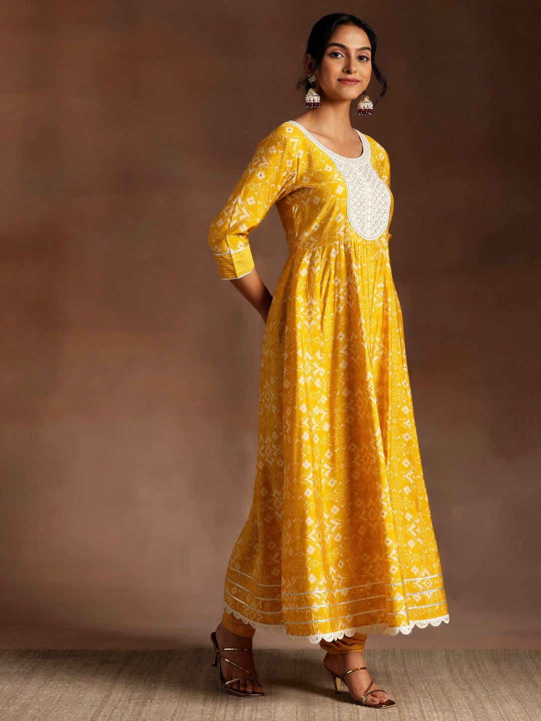 Izra Mustard Printed Silk Blend Anarkali Kurta With Churidar & Dupatta - ShopLibas
