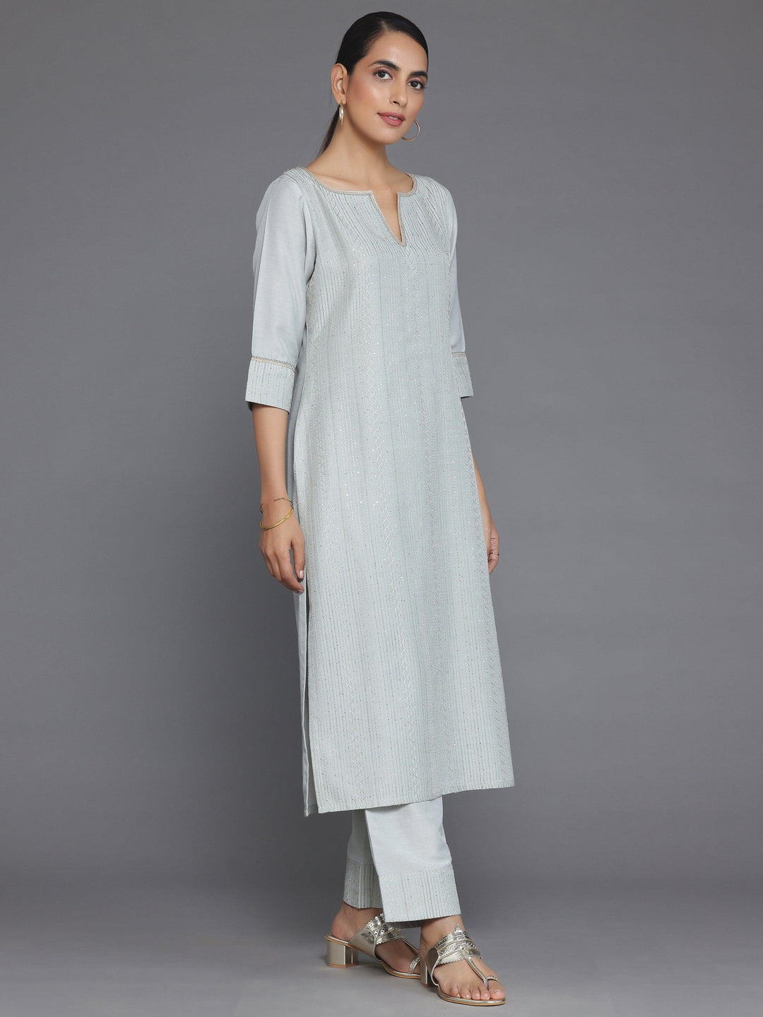 Grey Self Design Silk Blend Straight Suit With Dupatta