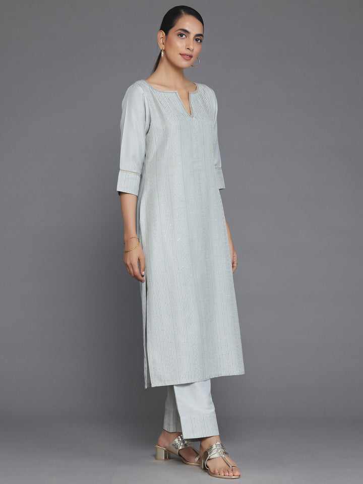 Grey Self Design Silk Blend Straight Suit With Dupatta