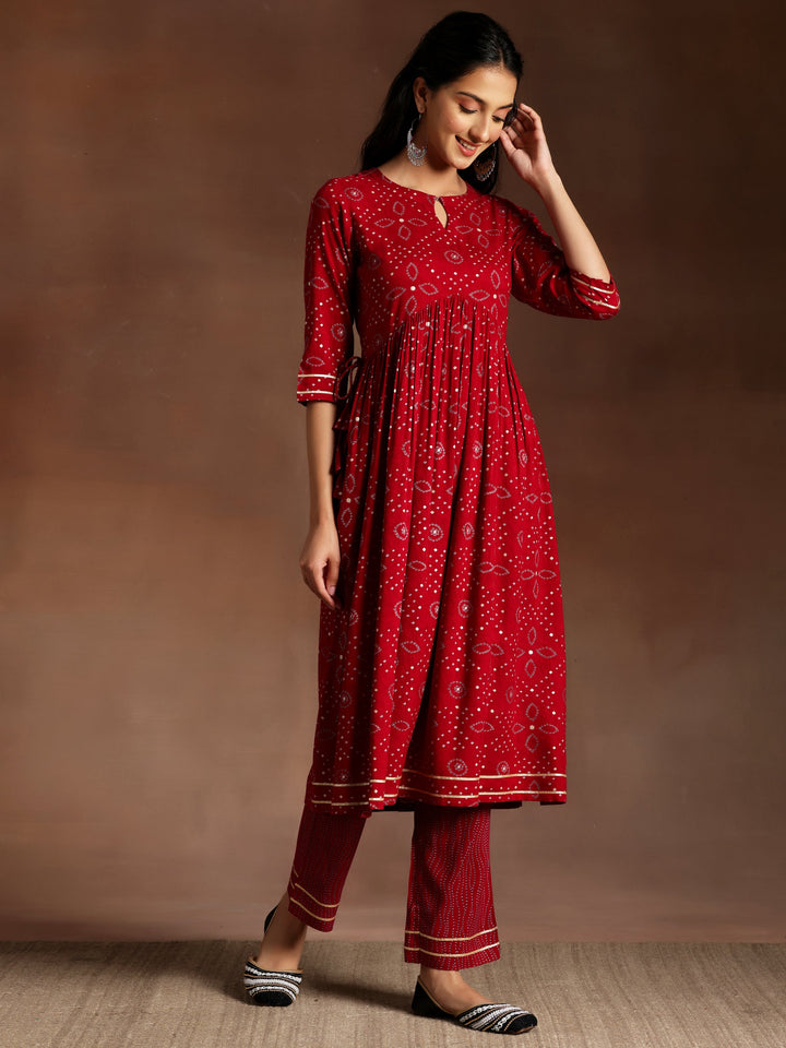 Sitara Red Printed Rayon A-Line Kurta With Palazzos & Dupatta