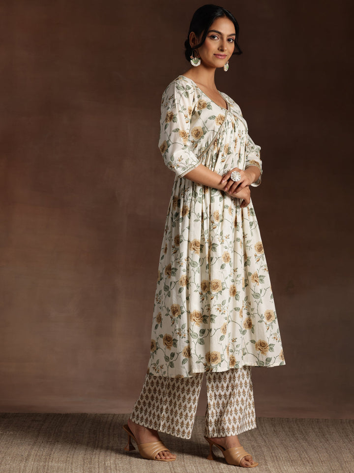 Off White Printed Cotton A-Line Kurta With Palazzos