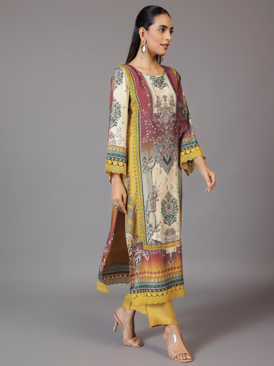 Mustard Printed Silk Blend Straight Suit With Dupatta