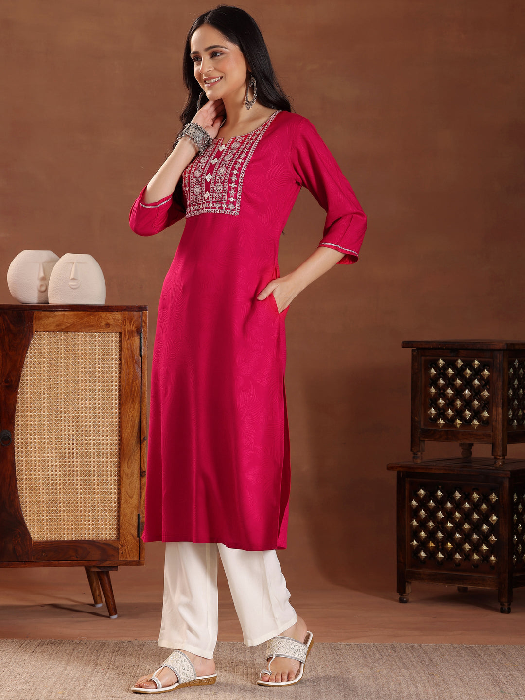 Pink Printed Rayon Straight Kurta