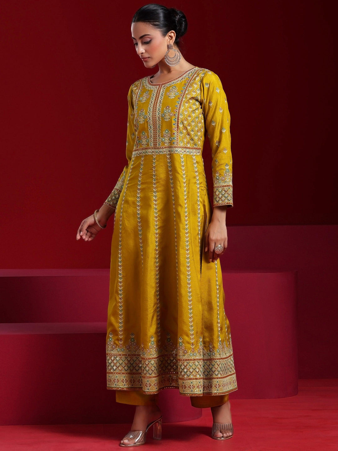 Libas Art Mustard Embroidered Silk Blend A-Line Kurta With Sharara & Dupatta