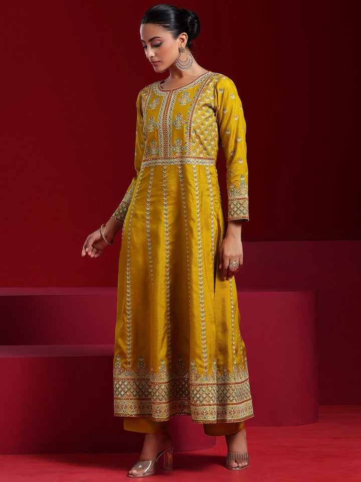 Libas Art Mustard Embroidered Silk Blend A-Line Kurta With Sharara & Dupatta