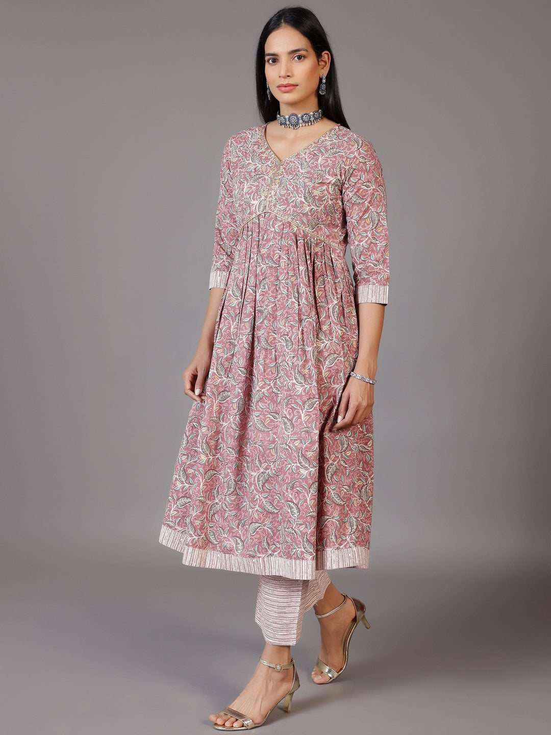 Pink Printed Cotton Anarkali Suit With Dupatta