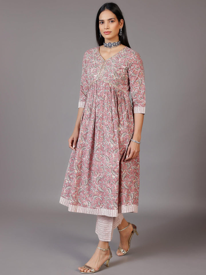 Pink Printed Cotton Anarkali Suit With Dupatta