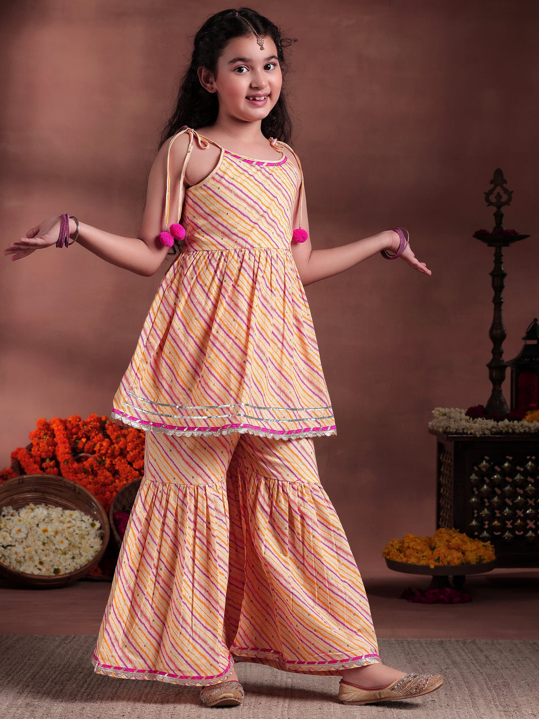 Kids Yellow Printed Cotton A-Line Kurta With Sharara