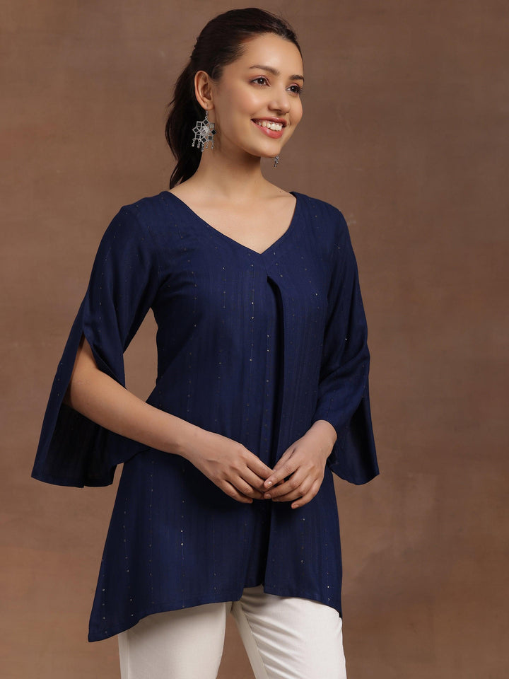 Blue Solid Cotton Blend A-line Kurti