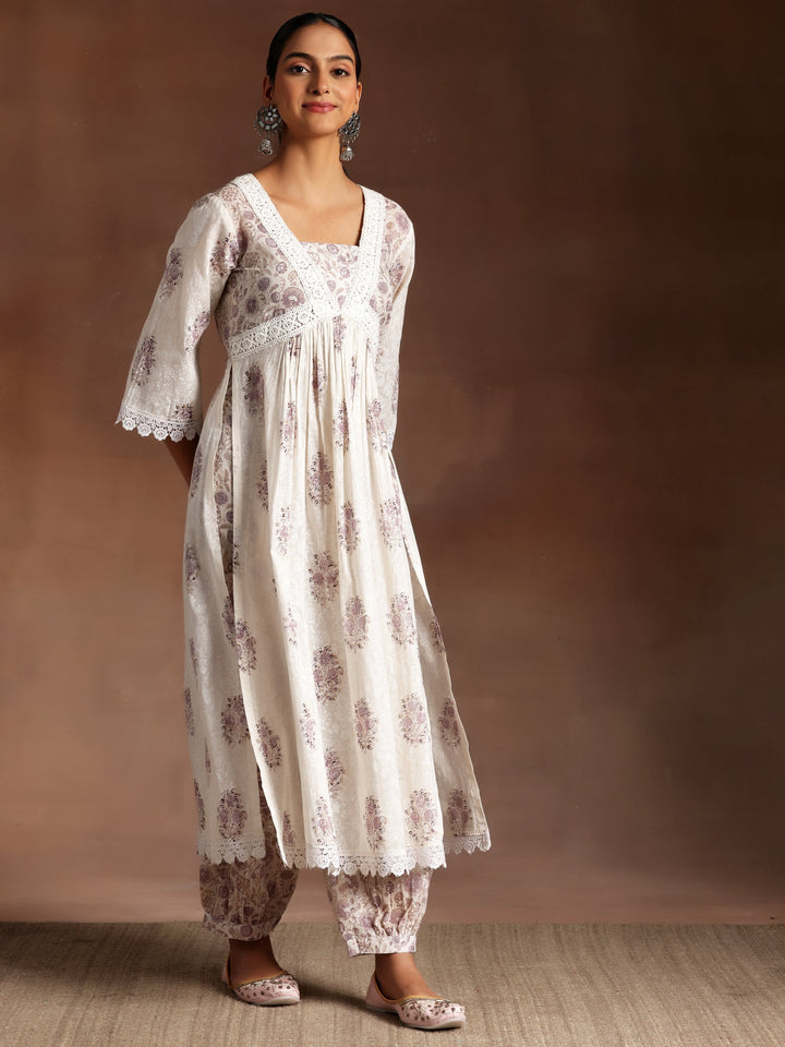 Saundarya White Printed Cotton A-Line Kurta With Salwar & Dupatta