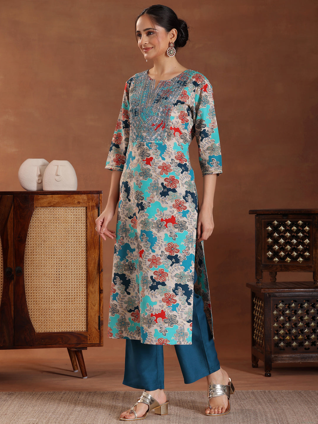 Blue Printed Silk Blend Straight Suit With Dupatta