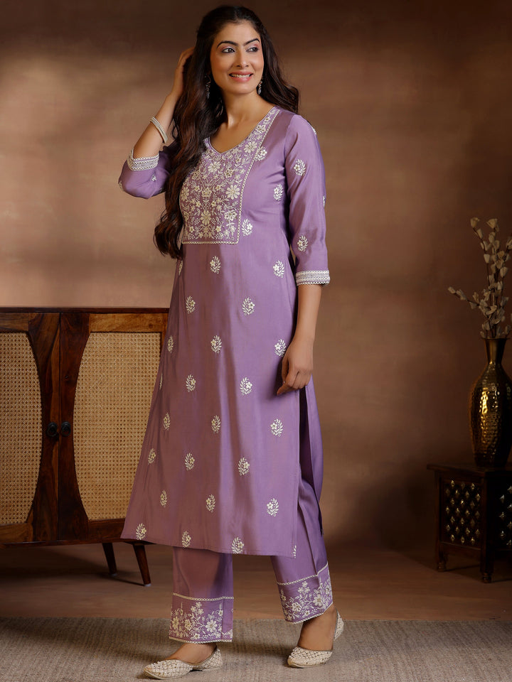 Mauve Embroidered Silk Blend Straight Suit With Dupatta