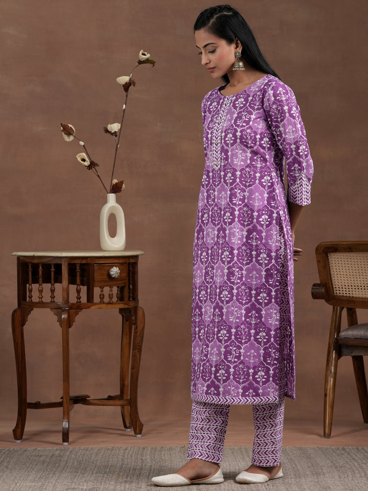 Purple Cotton Printed Straight Kurta