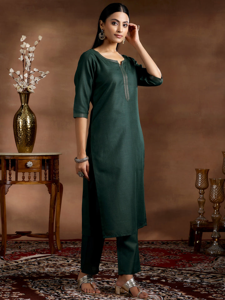 Green Solid Cotton Blend Straight Suit With Dupatta