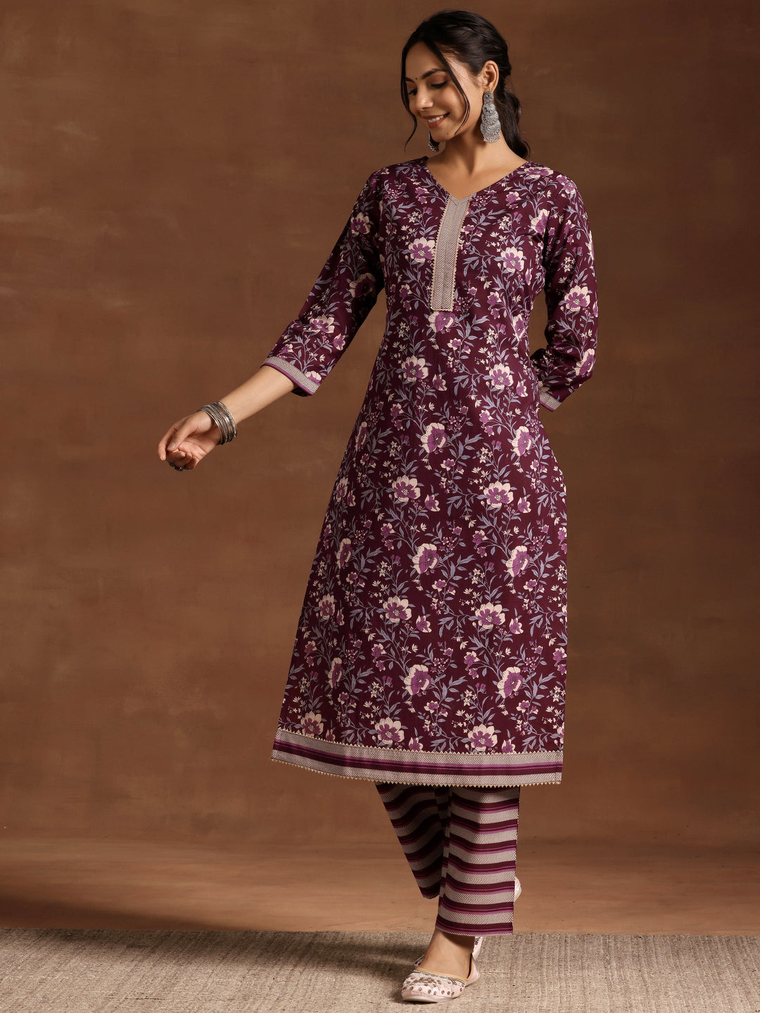 Wine Printed Cotton Straight Kurta Set