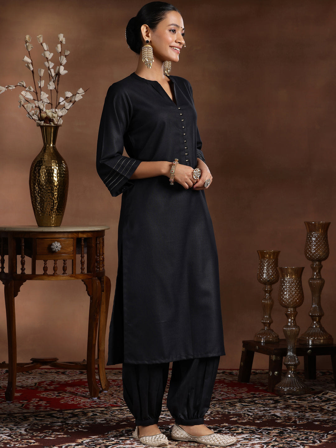 Black Solid Cotton Blend Straight Suit With Dupatta