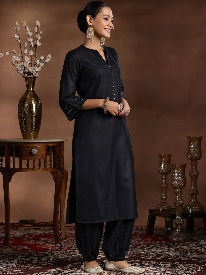Black Solid Cotton Blend Straight Suit With Dupatta