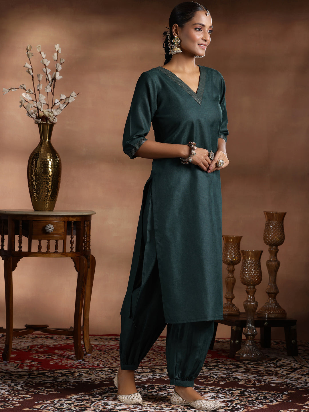 Green Solid Cotton Blend Straight Suit With Dupatta