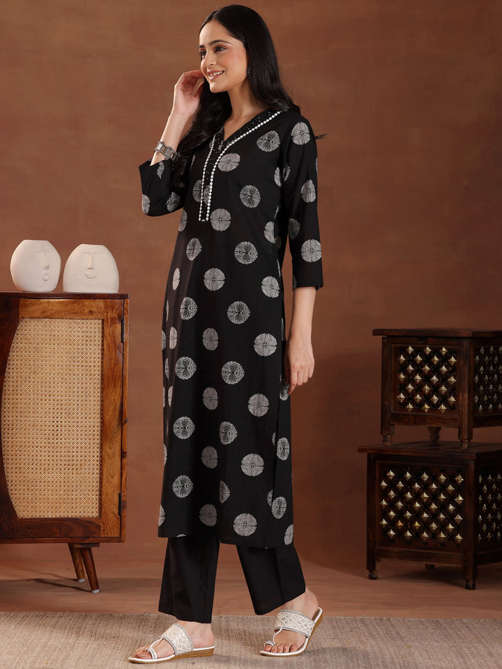 Black Printed Cotton Straight Suit With Dupatta