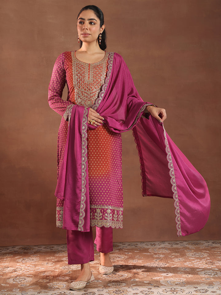 Pink Printed Silk Blend Straight Suit With Dupatta
