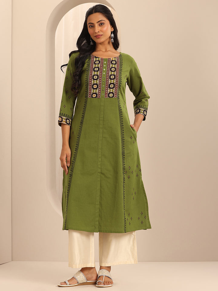 Olive Printed Cotton Blend A-Line Kurta