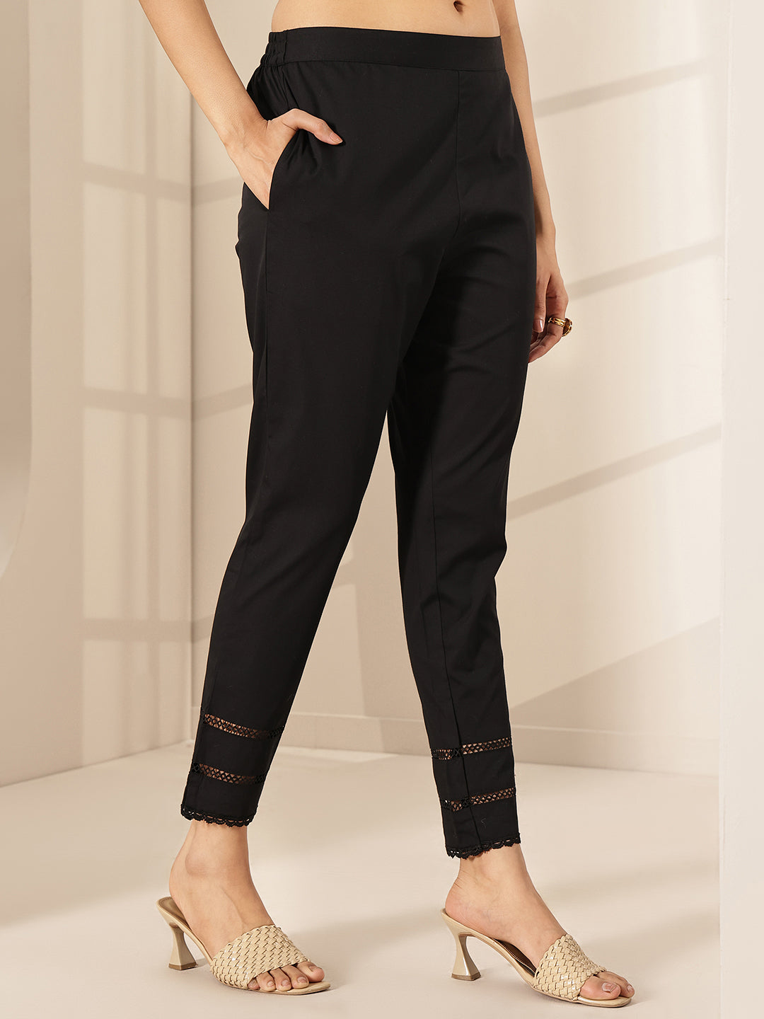 Black Solid Cotton Trousers