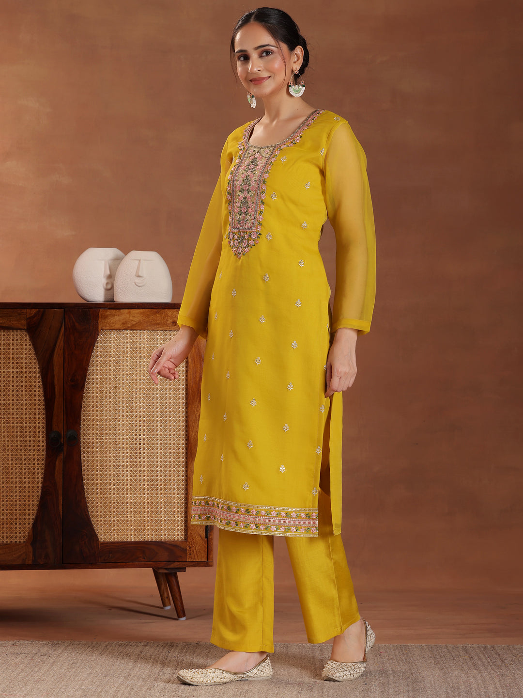 Mustard Embroidered Organza Straight Suit With Dupatta
