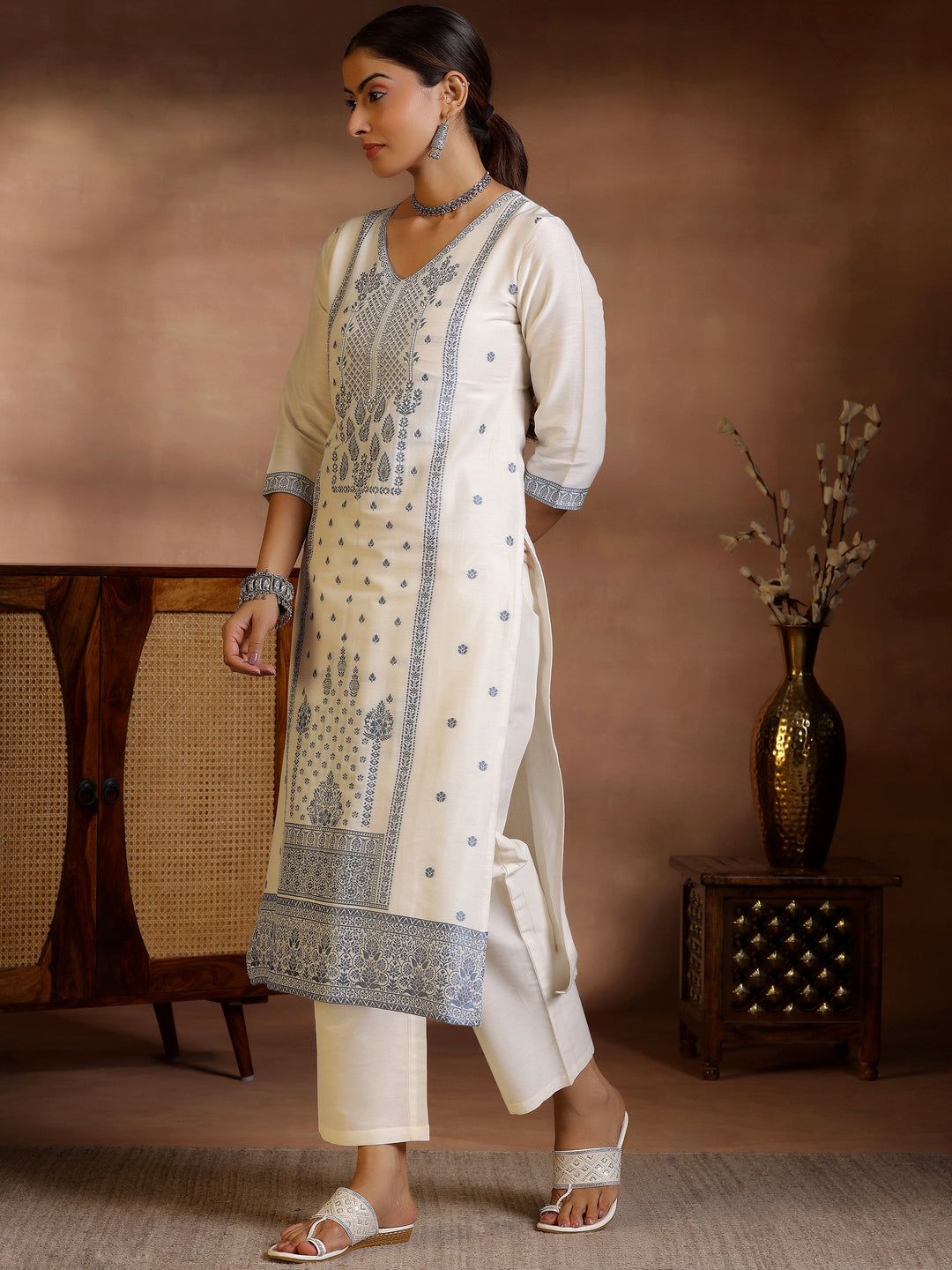 Off White Woven Design Chanderi Silk Straight Suit With Dupatta