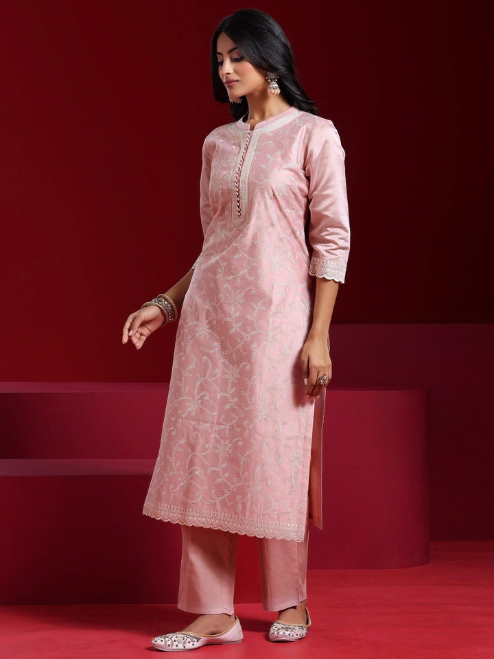 Libas Art Pink Embroidered Chanderi Silk Straight Suit With Dupatta