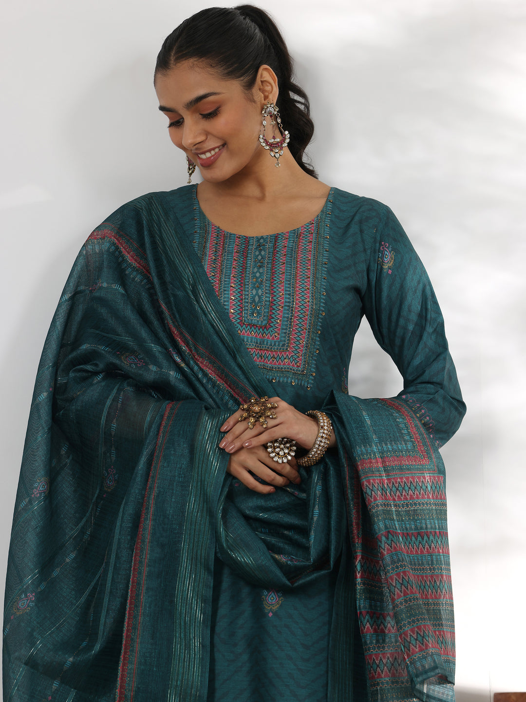Teal Green Printed Silk Blend Straight Suit With Dupatta