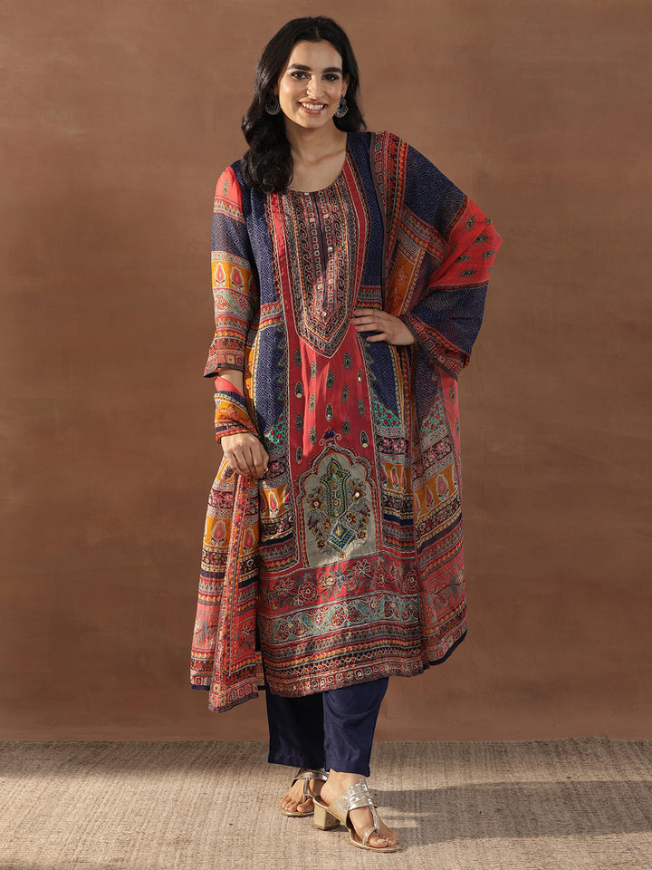 Multicoloured Printed Organza Straight Suit Set With Dupatta