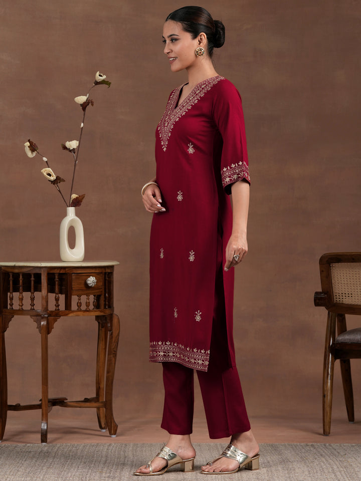 Red Embroidered Rayon Straight Kurta Set