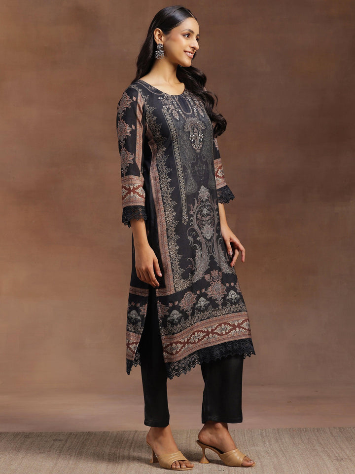 Grey Printed Silk Blend Straight Suit With Dupatta
