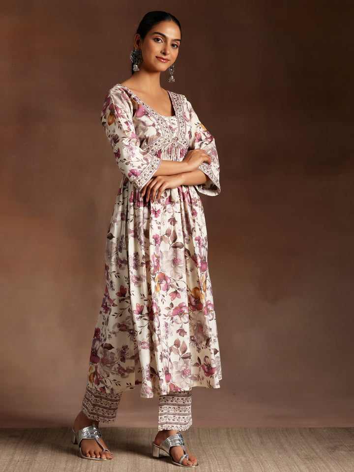 Off White Printed Silk Blend A-Line Kurta With Palazzos & Dupatta