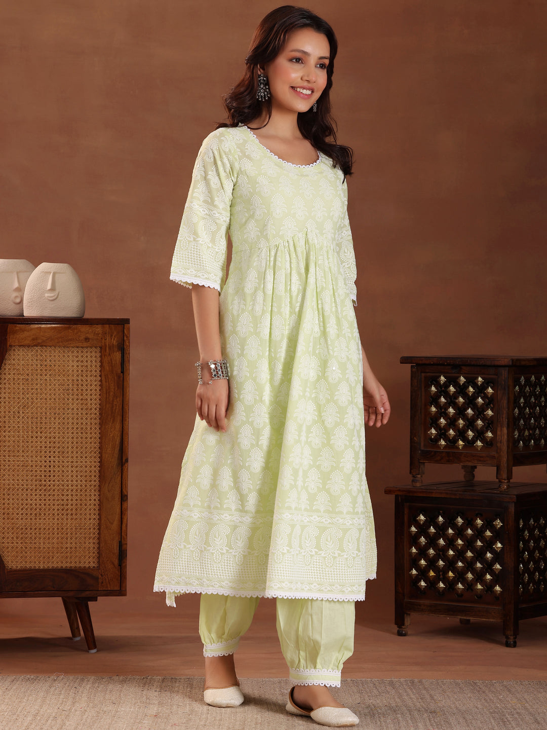 Green Embroidered Pure Cotton A-Line Kurta With Salwar & Dupatta