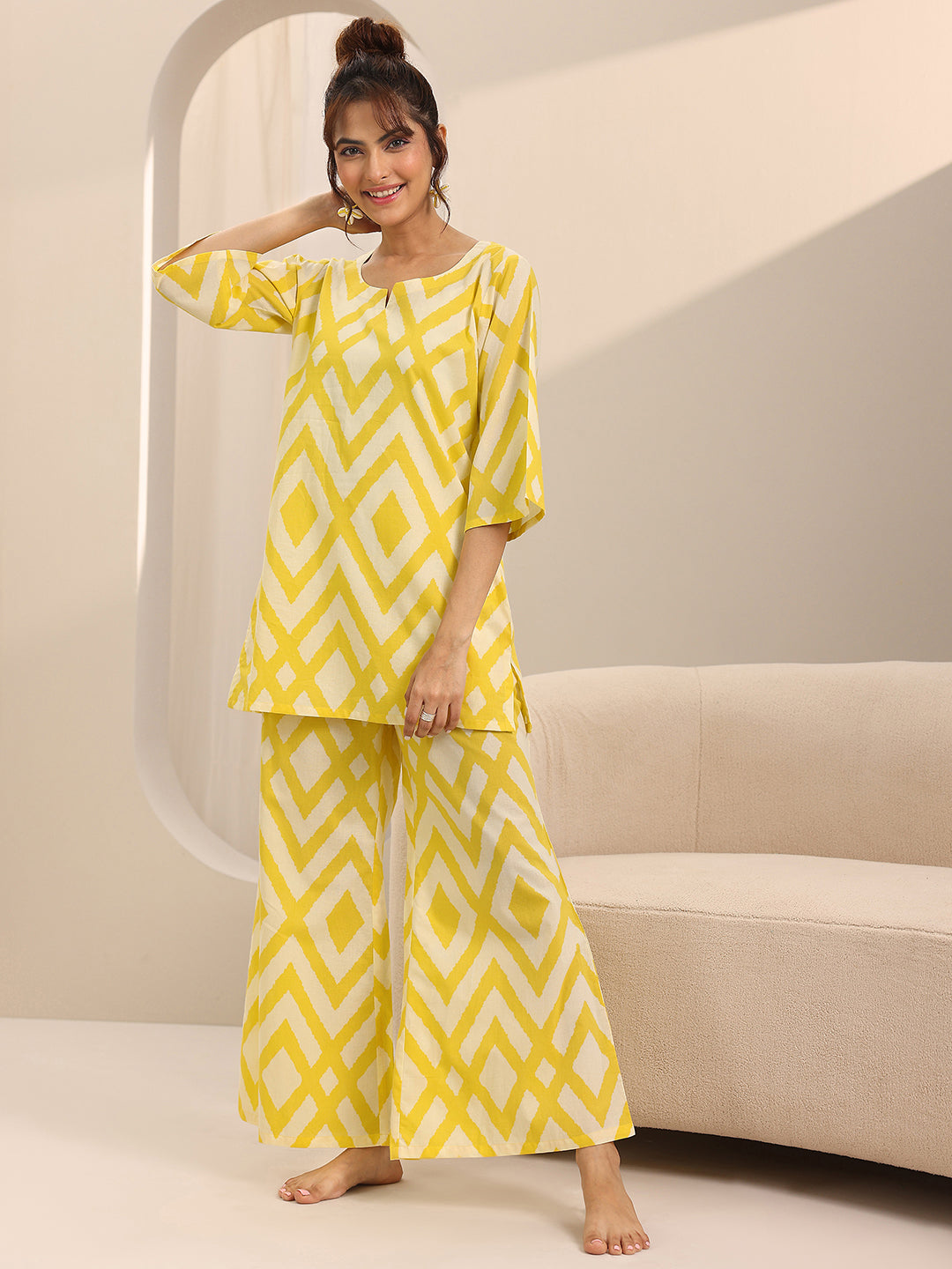 Yellow Printed Cotton Night Suits