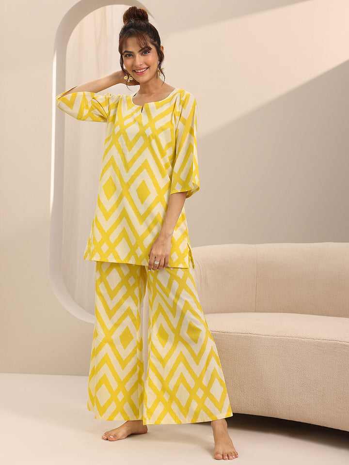 Yellow Printed Cotton Night Suits