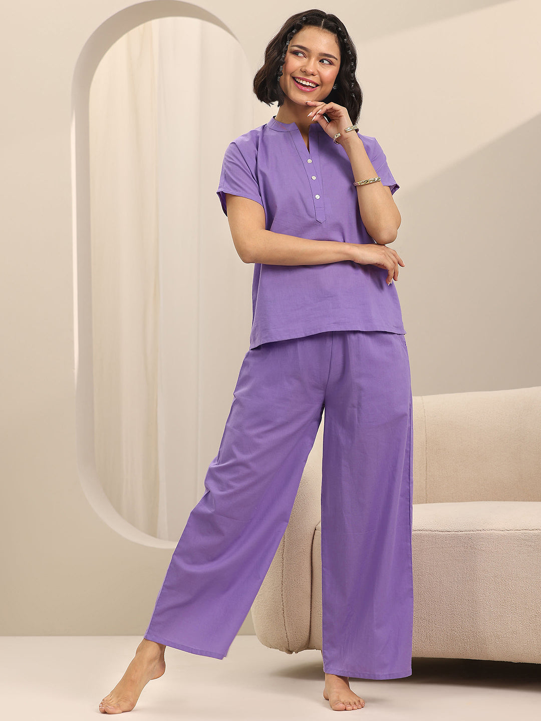 Purple Solid Cotton Night Suits