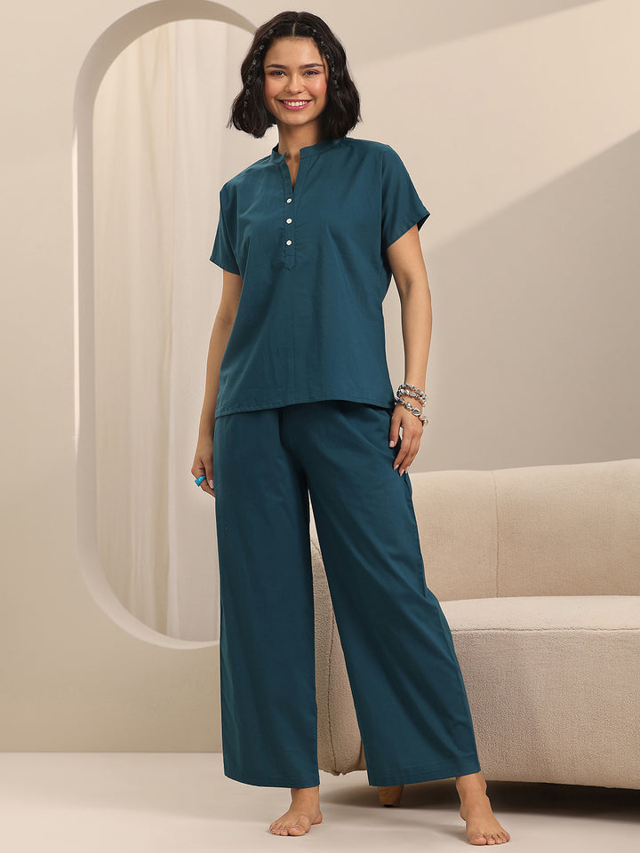 Teal Solid Cotton Night Suits