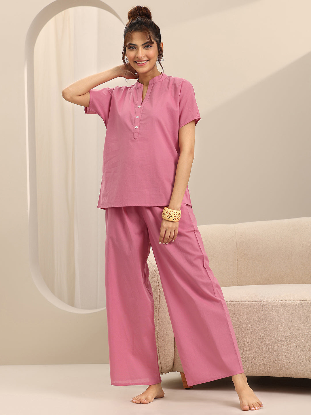 Pink Solid Cotton Night Suits