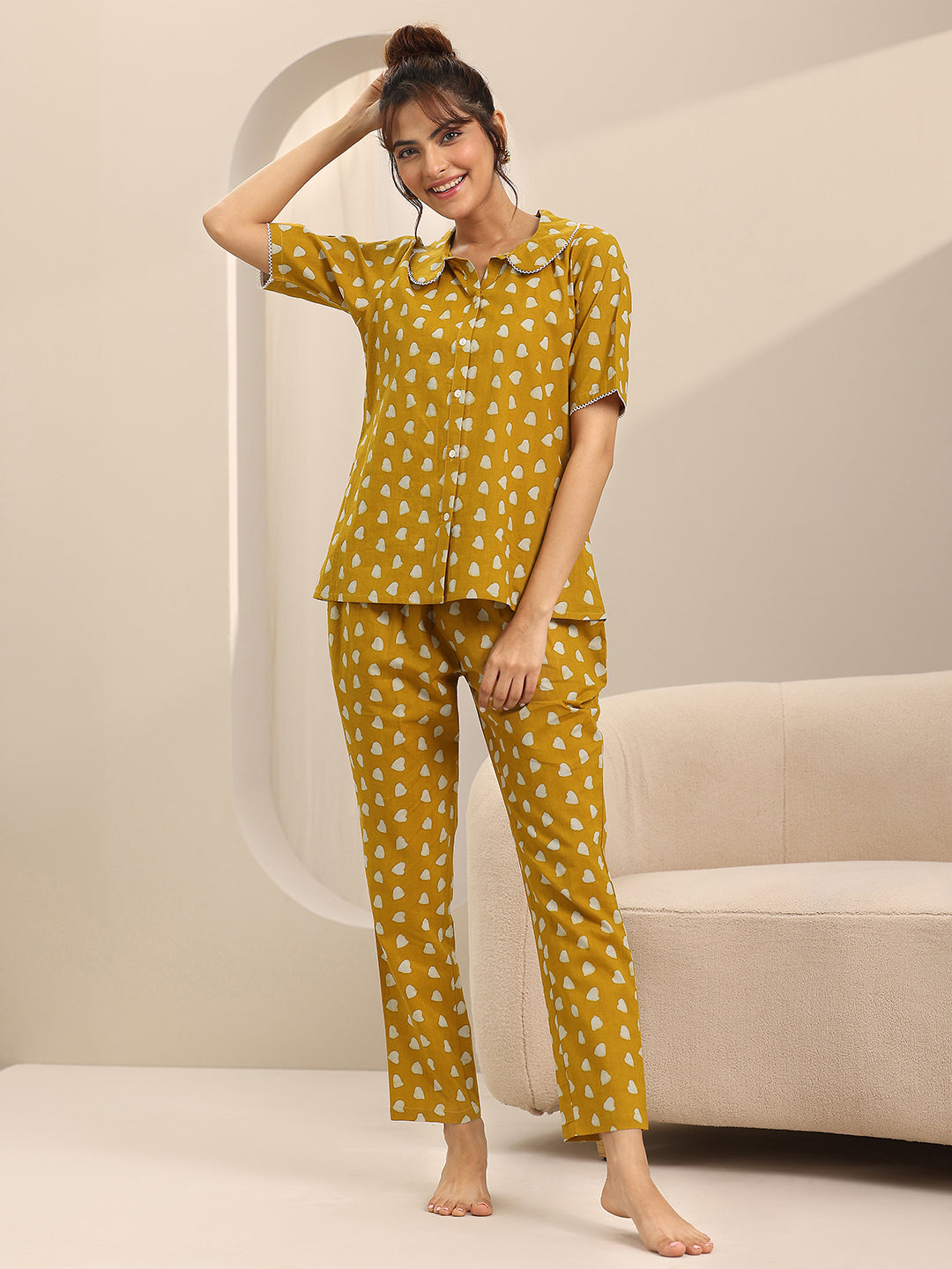 Mustard Printed Cotton Night Suits