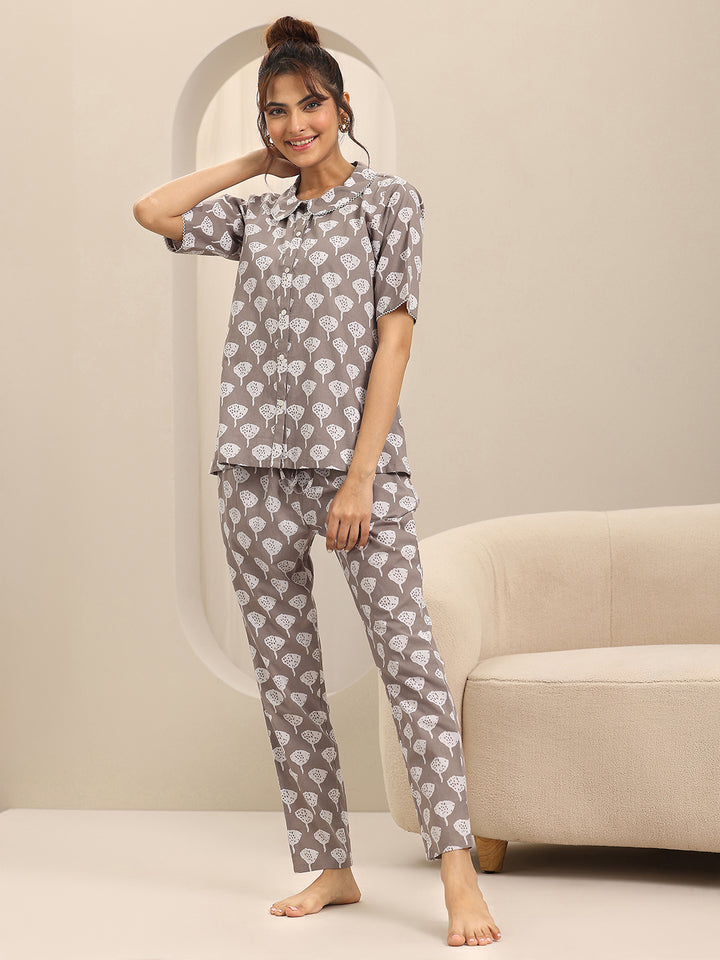 Grey Printed Cotton Night Suits
