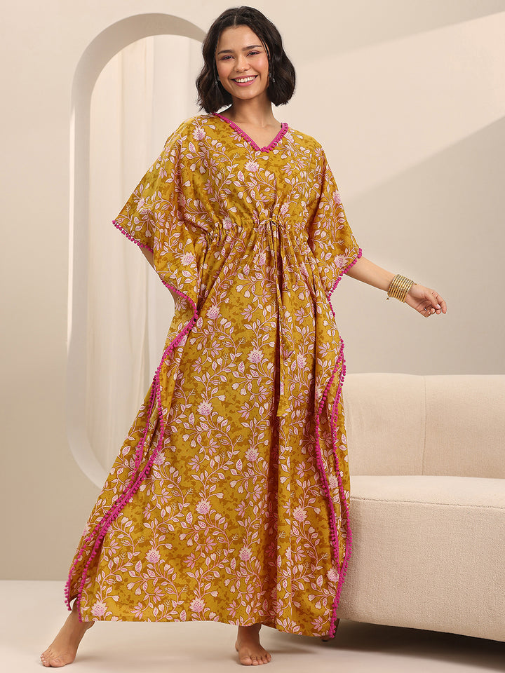 Mustard Printed Cotton Kaftan Night Dress