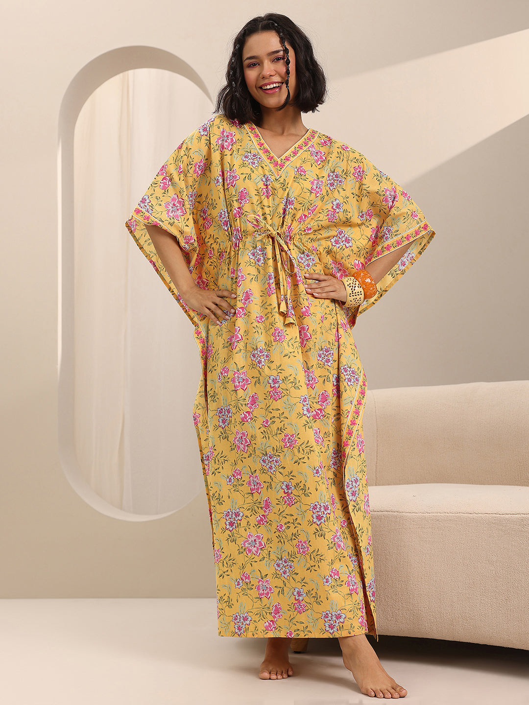 Yellow Printed Cotton Kaftan Night Dress