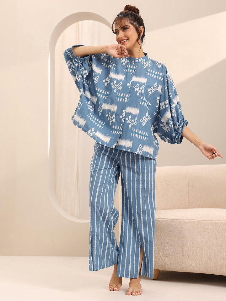 Blue Printed Cotton Night Suits