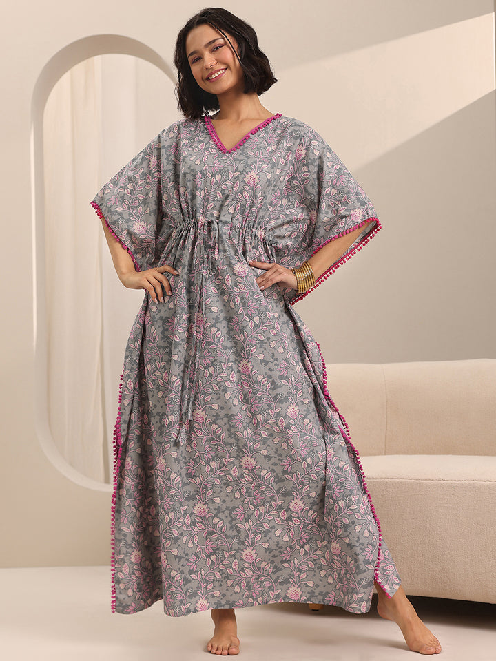 Grey Printed Cotton Kaftan Night Dress