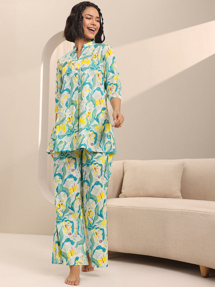 Off white Printed Cotton Night Suits